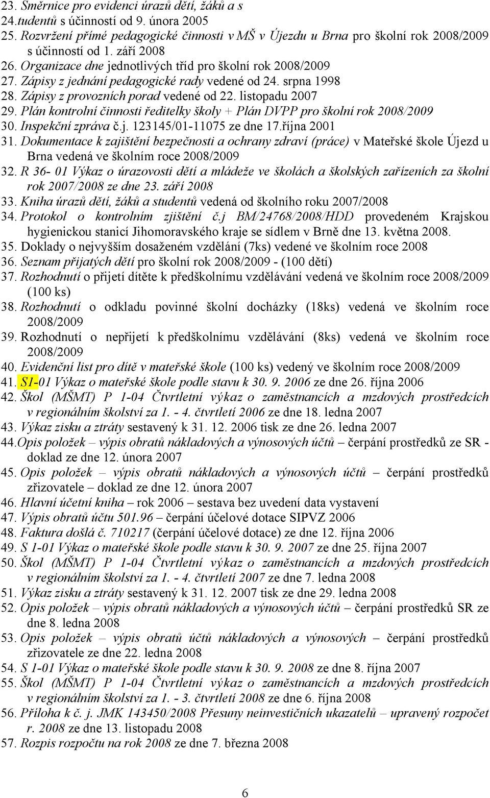 Plán kontrolní činnosti ředitelky školy + Plán DVPP pro školní rok 2008/2009 30. Inspekční zpráva č.j. 123145/01-11075 ze dne 17.října 2001 31.