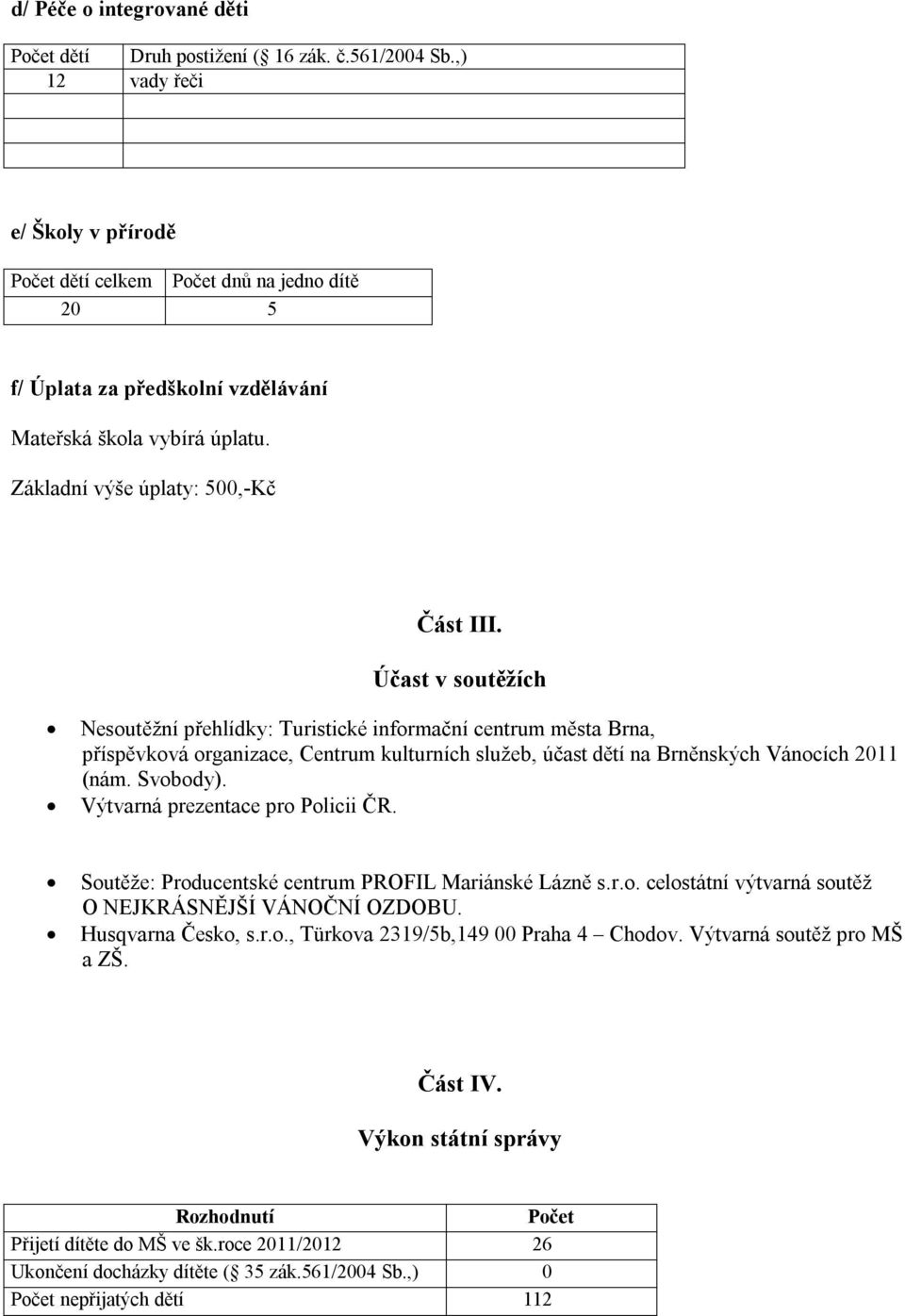 Účast v soutěžích Nesoutěžní přehlídky: Turistické informační centrum města Brna, příspěvková organizace, Centrum kulturních služeb, účast dětí na Brněnských Vánocích 2011 (nám. Svobody).