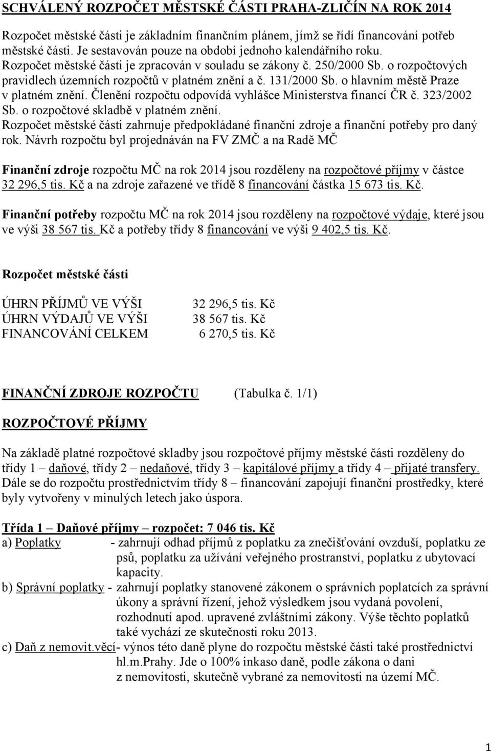 131/2000 Sb. o hlavním městě Praze v platném znění. Členění rozpočtu odpovídá vyhlášce Ministerstva financí ČR č. 323/2002 Sb. o rozpočtové skladbě v platném znění.