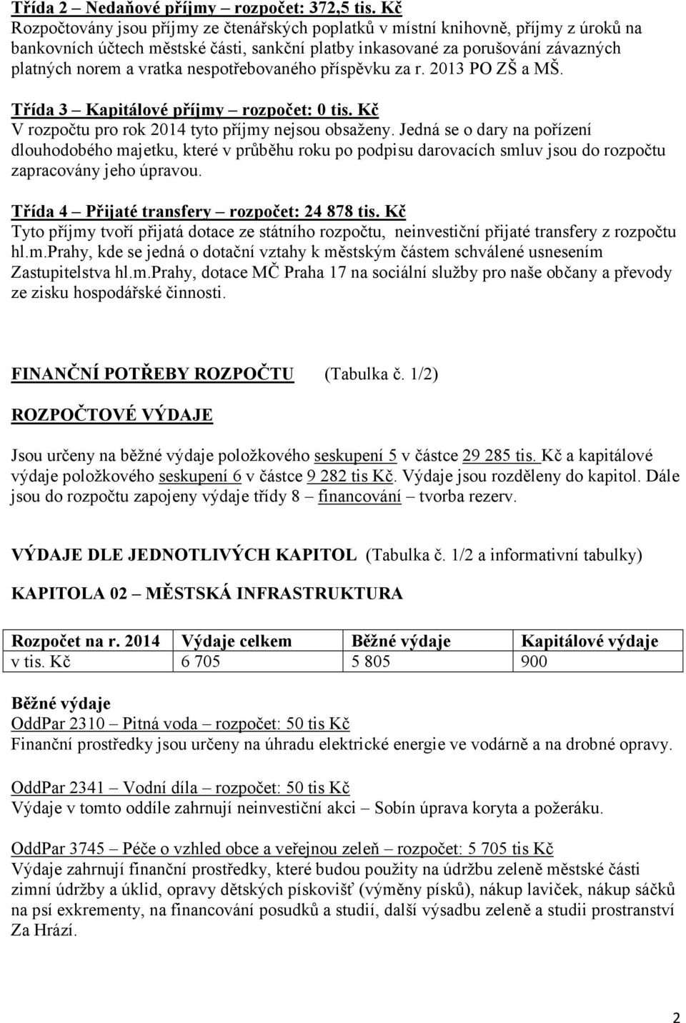 nespotřebovaného příspěvku za r. 2013 PO ZŠ a MŠ. Třída 3 Kapitálové příjmy rozpočet: 0 tis. Kč V rozpočtu pro rok 2014 tyto příjmy nejsou obsaženy.