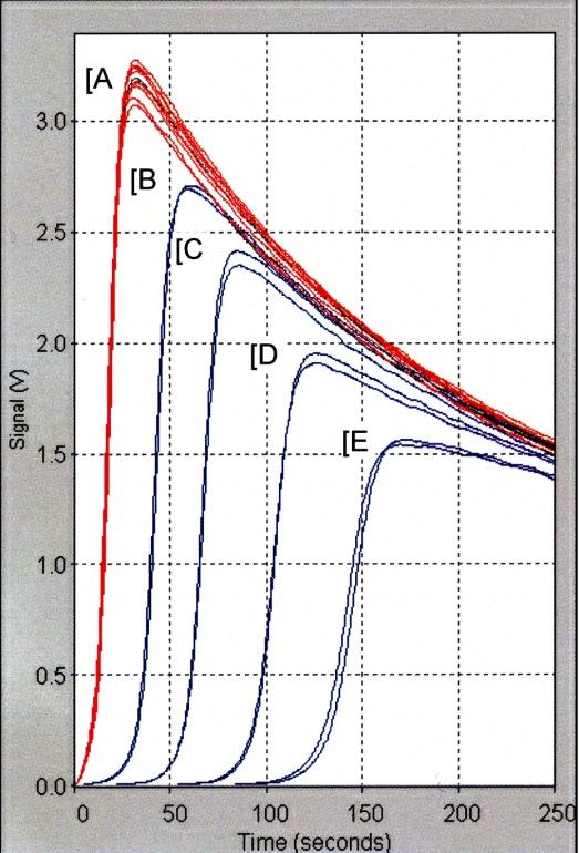 Obr. 1. Naměřené křivky slepého vzorku (blanku) a kalibračních standardů pro stanovení ACW antioxidační kapacity. Slepý vzorek (A) a standardy (B, C, D, E).