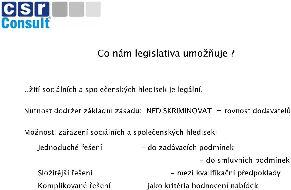 sociálních a společenských hledisek: Jednoduché řešení Složitější řešení Komplikované řešení -