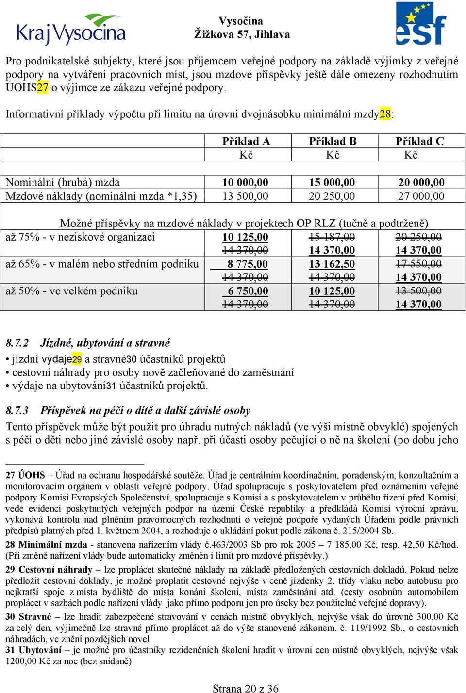 Informativní příklady výpočtu při limitu na úrovni dvojnásobku minimální mzdy28: Příklad A Příklad B Příklad C Kč Kč Kč Nominální (hrubá) mzda 10 000,00 15 000,00 20 000,00 Mzdové náklady (nominální