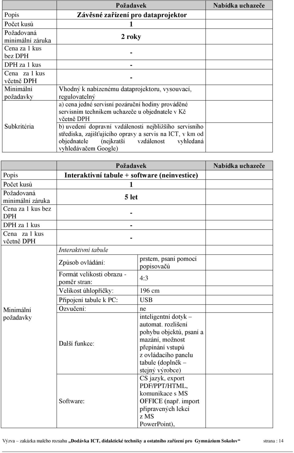 Interaktivní tabule + software (neinvestice) Počet kusů 1 minimální záruka 5 let bez za 1 kus Interaktivní tabule Způsob ovládání: prstem, psaní pomocí popisovačů Formát velikosti obrazu poměr stran: