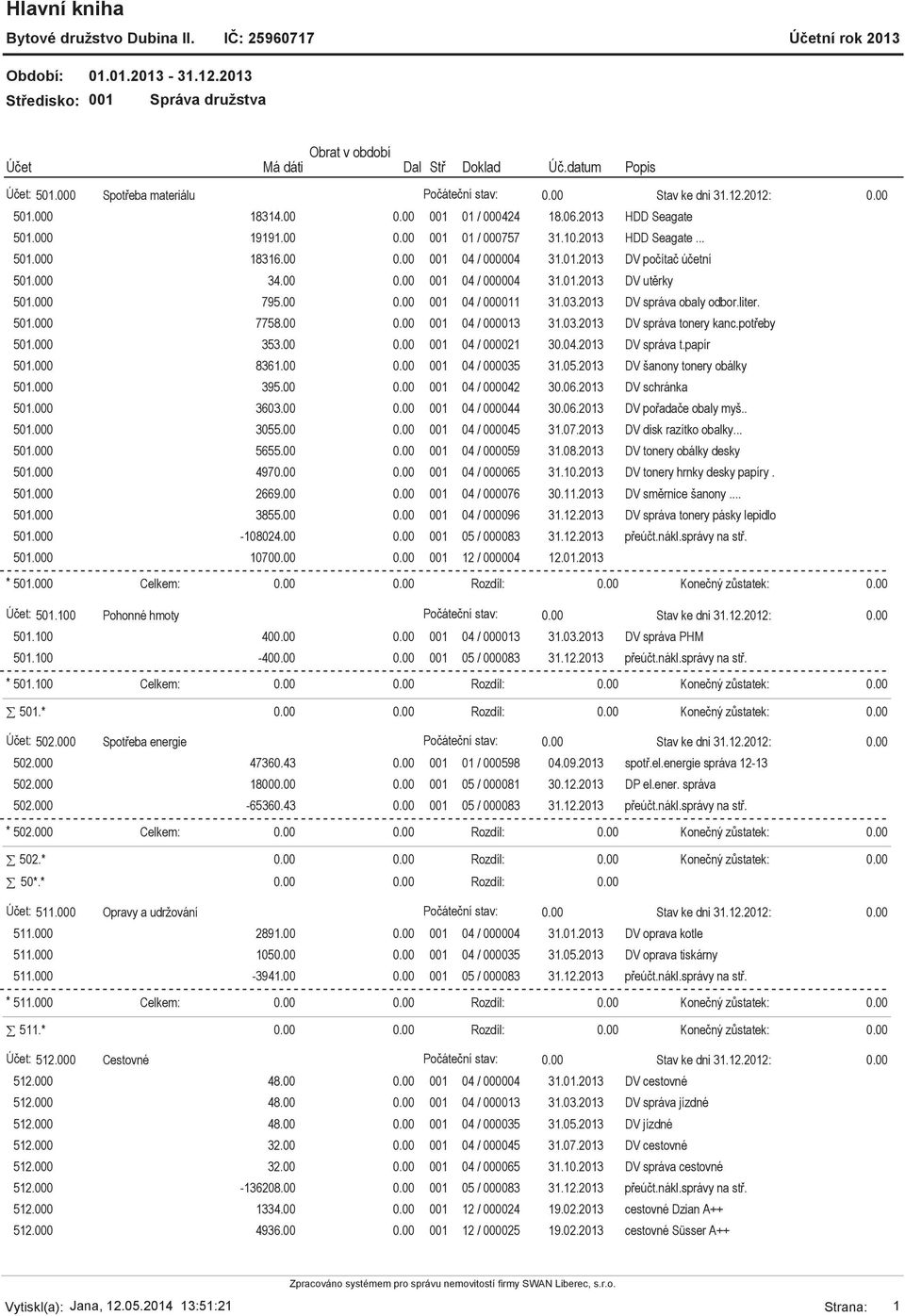 000 353.00 001 04 / 000021 30.04.2013 DV správa t.papír 501.000 8361.00 001 04 / 000035 31.05.2013 DV šanony tonery obálky 501.000 395.00 001 04 / 000042 30.06.2013 DV schránka 501.000 3603.