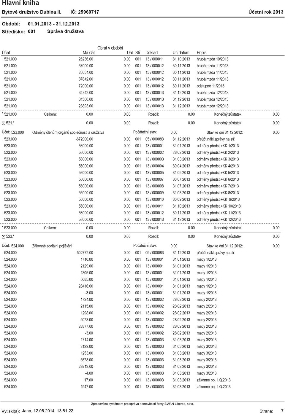 000 3150 001 13 / 000013 31.12.2013 hrubá mzda 12/2013 521.000 23893.00 001 13 / 000013 31.12.2013 hrubá mzda 12/2013 * 521.000 Celkem: Rozdíl: 521.* Rozdíl: : 523.