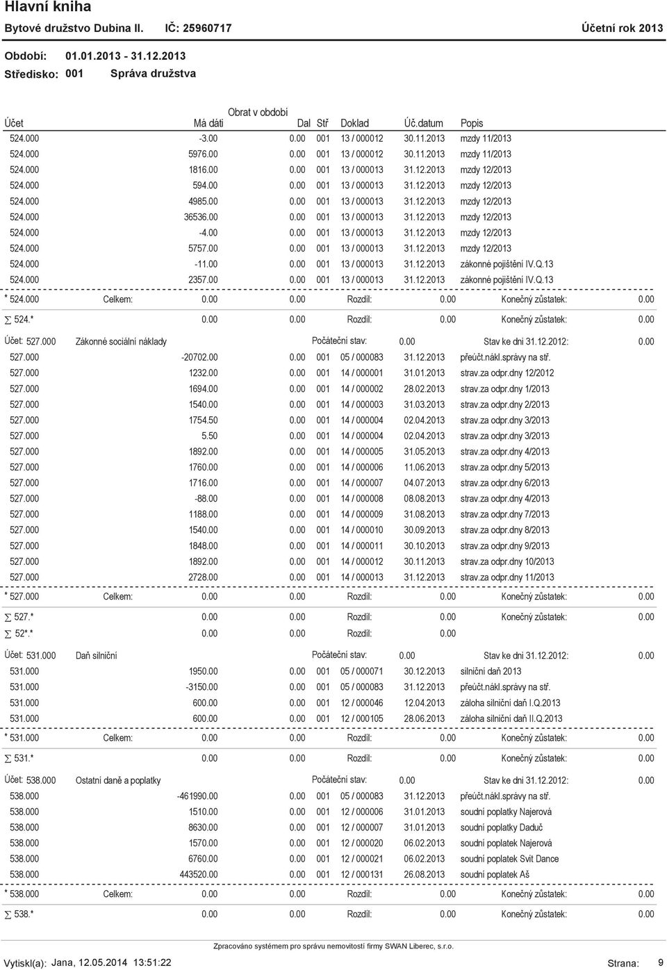 00 001 13 / 000013 31.12.2013 zákonné pojištění IV.Q.13 524.000 2357.00 001 13 / 000013 31.12.2013 zákonné pojištění IV.Q.13 * 524.000 Celkem: Rozdíl: 524.* Rozdíl: : 527.