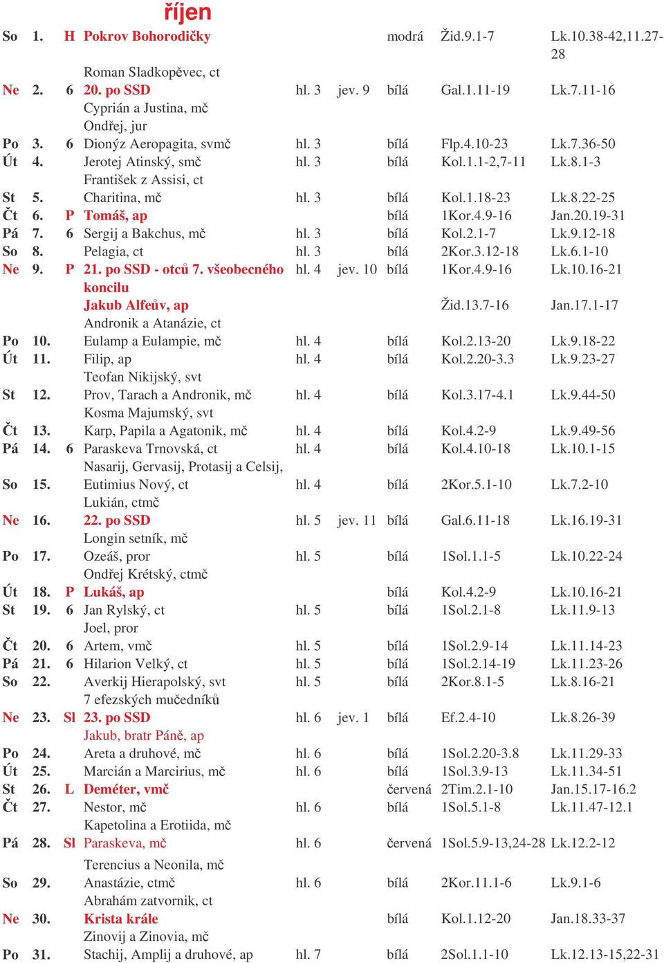 P Tomáš, ap bílá 1Kor.4.9-16 Jan.20.19-31 Pá 7. 6 Sergij a Bakchus, mč hl. 3 bílá Kol.2.1-7 Lk.9.12-18 So 8. Pelagia, ct hl. 3 bílá 2Kor.3.12-18 Lk.6.1-10 Ne 9. P 21. po SSD - otců 7. všeobecného hl.