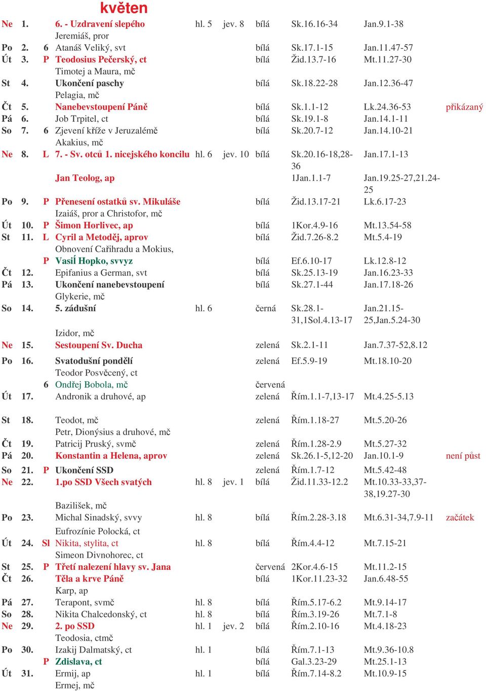 1-11 So 7. 6 Zjevení kříže v Jeruzalémě bílá Sk.20.7-12 Jan.14.10-21 Akakius, mč Ne 8. L 7. - Sv. otců 1. nicejského koncilu hl. 6 jev. 10 bílá Sk.20.16-18,- Jan.17.1-13 36 Jan Teolog, ap 1Jan.1.1-7 Jan.