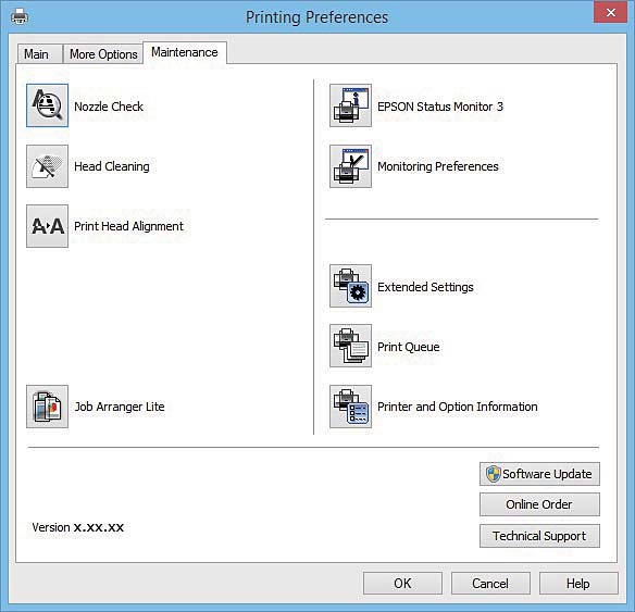 Informace o síťových službách a softwaru Karta Údržba Můžete používat funkce údržby, například kontrolu trysek a čištění tiskové hlavy a spuštěním aplikace EPSON Status Monitor 3 můžete zjistit stav