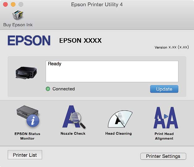 Informace o síťových službách a softwaru Nezobrazí-li se v systému Mac OS X v10.8.x nebo vyšší verzi nabídka Nastavení tisku, ovladač tiskárny Epson nebyl správně nainstalován.
