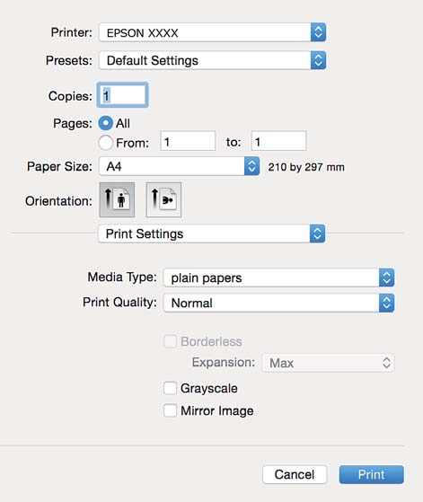 Tisk 5. V místní nabídce vyberte možnost Nastavení tisku. Nezobrazí-li se v systému Mac OS X v10.8.x nebo vyšší verzi nabídka Nastavení tisku, ovladač tiskárny Epson nebyl správně nainstalován.