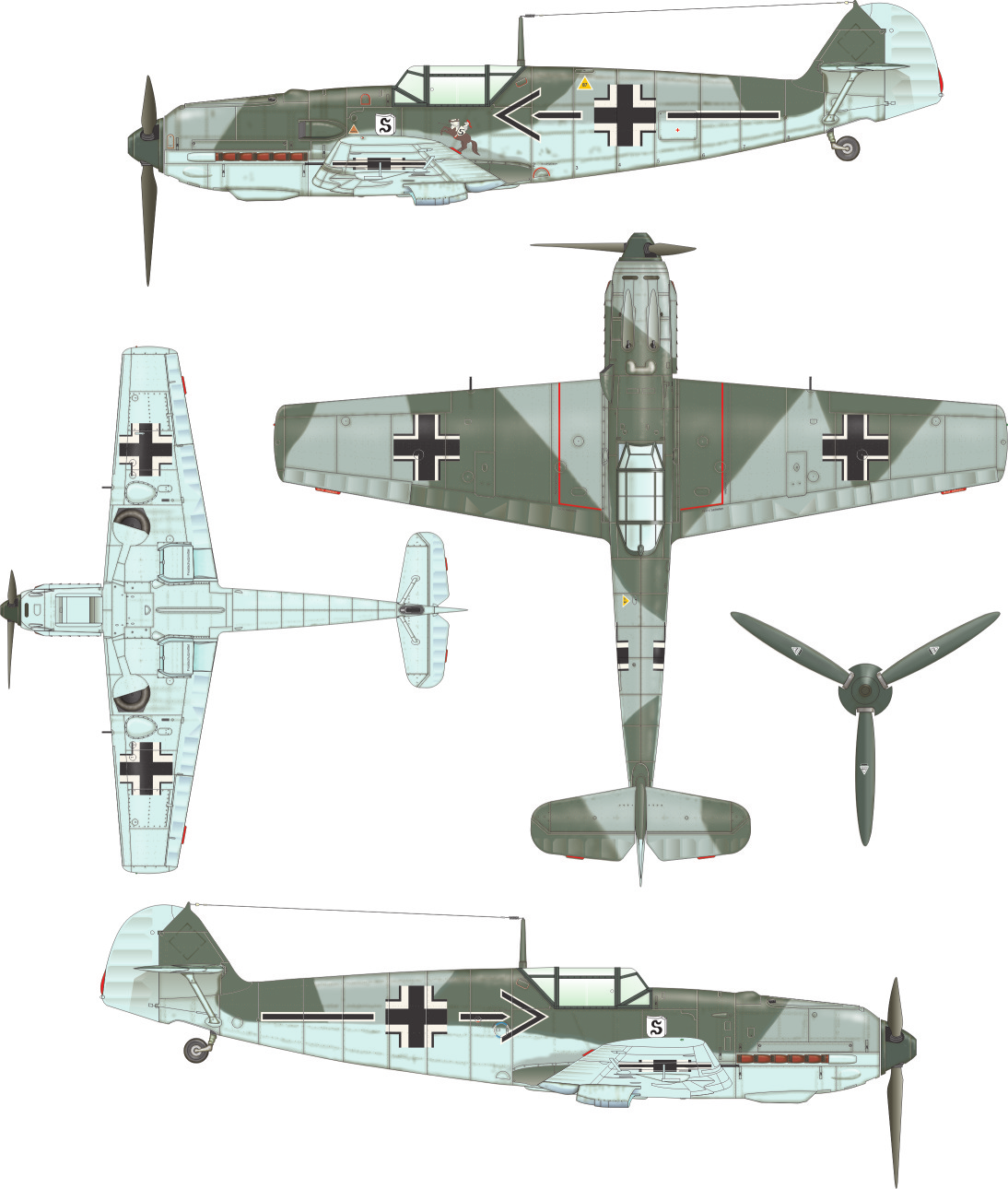 C Obstlt. Hans-Hugo Witt, Geschwaderkommodore JG 26, Dortmund, Nìmecko, kvìten 1940 Pro dané období neobvyklou kamufláž nesl letoun, se kterým v dubnu 1940 létal velitel JG 26, Obstlt. Hans-Hugo Witt. Horní plochy sestávaly z kamuflážních polí barev RLM 02 a 71, spodní nesly standardní RLM 65.