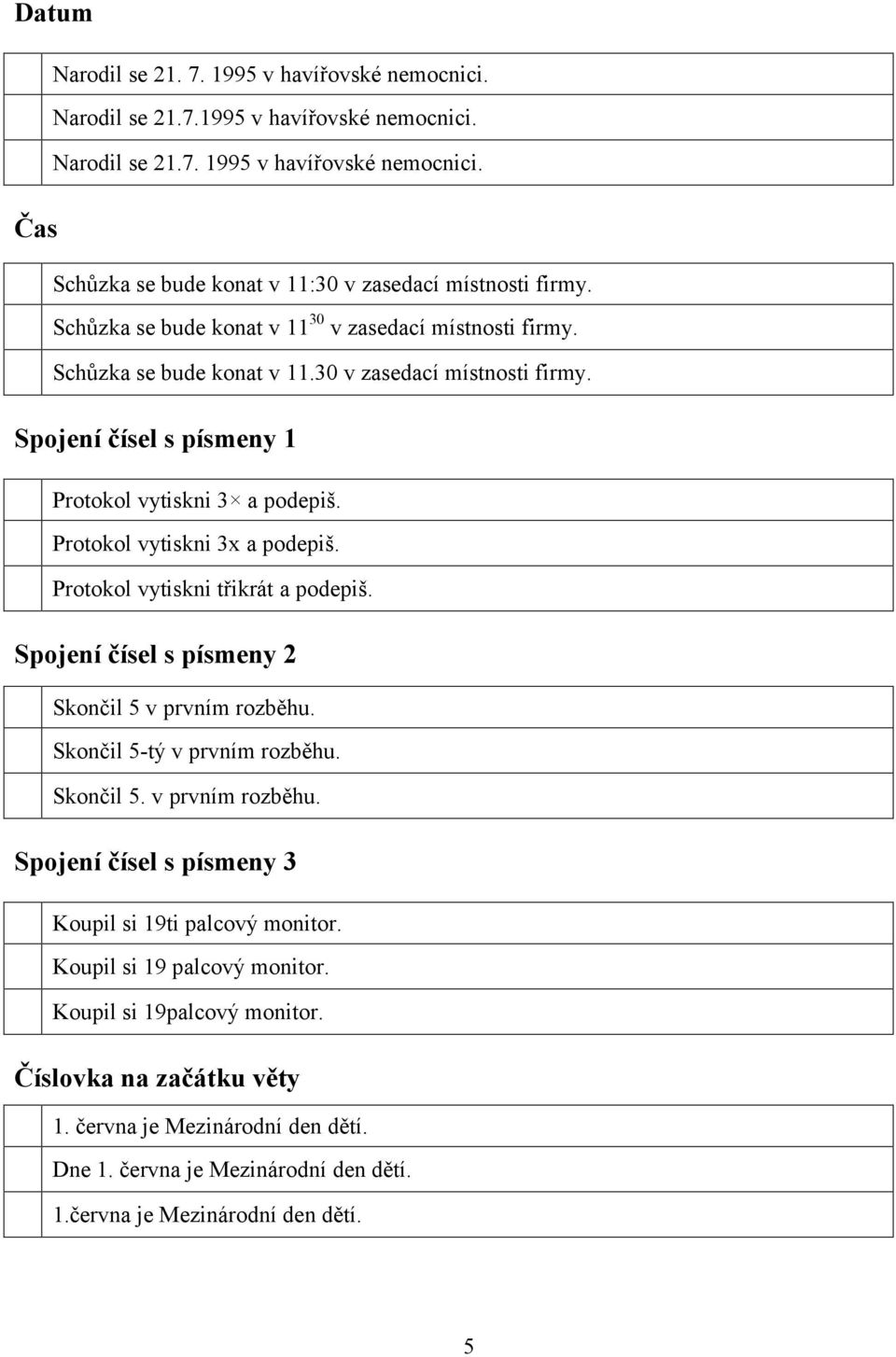 Protokol vytiskni 3x a podepiš. Protokol vytiskni třikrát a podepiš. Spojení čísel s písmeny 2 Skončil 5 v prvním rozběhu. Skončil 5-tý v prvním rozběhu. Skončil 5. v prvním rozběhu. Spojení čísel s písmeny 3 Koupil si 19ti palcový monitor.