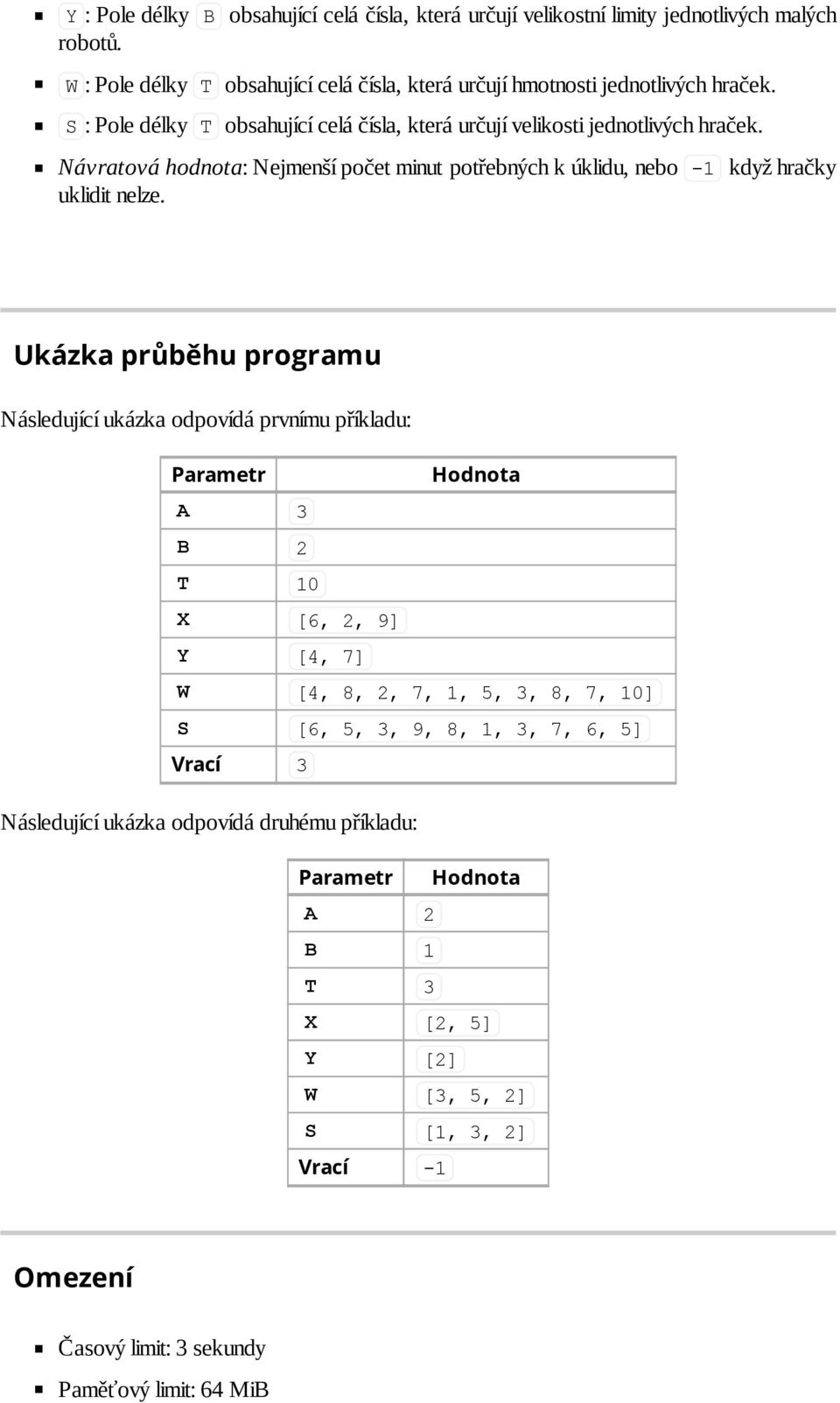 Ukázka průběhu programu Následující ukázka odpovídá prvnímu příkladu: Parametr Hodnota A 3 B 2 T 10 X [6, 2, 9] Y [4, 7] W [4, 8, 2, 7, 1, 5, 3, 8, 7, 10] S [6, 5, 3, 9, 8, 1, 3, 7,