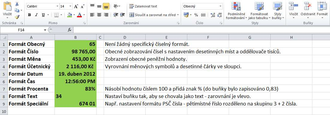 Některé příklady nastavení: Formátovány jsou hodnoty zapsané ve sloupci B Označíme buňku Klikneme na nabídku Formát ve skupině Buňky na kartě Domů Vybereme záložku Číslo a zvolíme