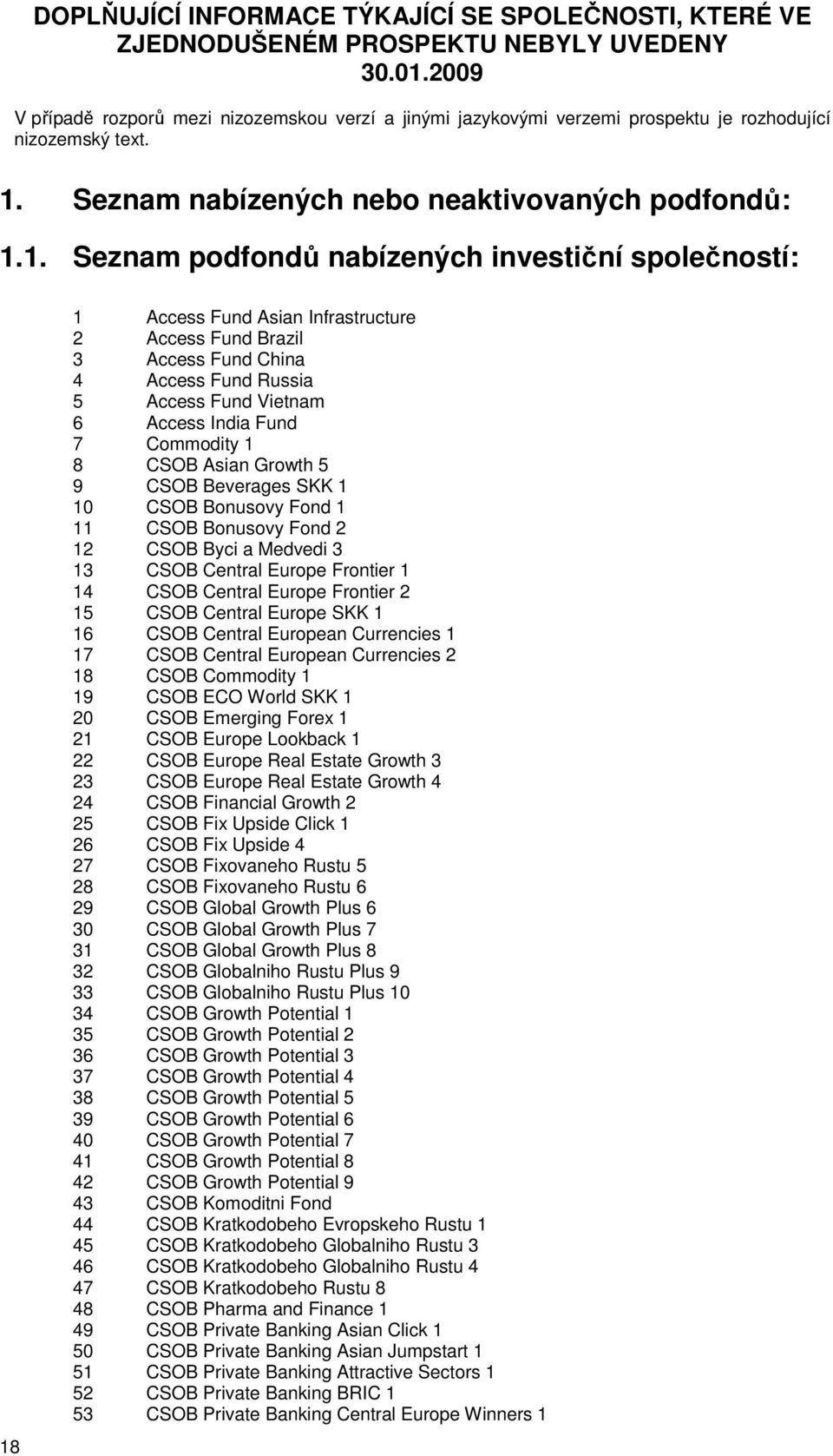 Seznam nabízených nebo neaktivovaných podfondů: 1.
