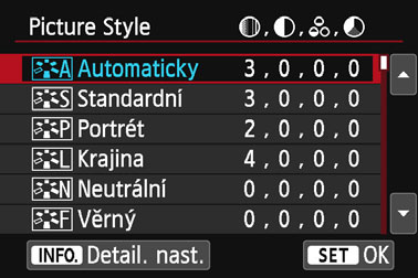 A Optimální charakteristiky snímku pro fotografovaný objektn Výběrem některého ze stylů Picture Style můžete dosáhnout charakteristik snímku odpovídajících požadovanému vyznění fotografie nebo