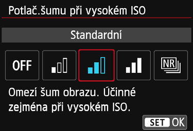 3 Nastavení potlačení šumun Potlačení šumu při vysoké citlivosti ISO Tato funkce potlačuje šum vytvářený ve snímku.