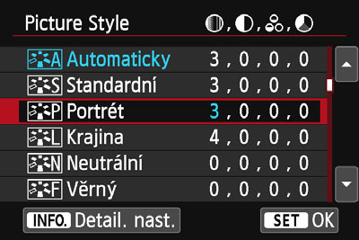 A Uživatelské nastavení charakteristik snímkun Styl Picture Style můžete upravit nastavením jednotlivých parametrů, jako jsou [Ostrost] a [Kontrast].