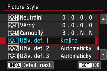 A Uložení preferovaných charakteristik snímkun 5 Vyberte příslušný parametr. Vyberte parametr, jako například [Ostrost], a stiskněte tlačítko <0>. 6 Nastavte parametr.