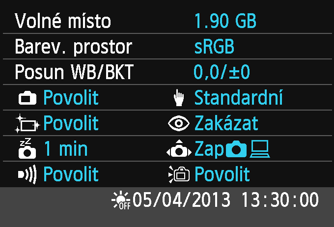 Praktické funkce B Kontrola nastavení fotoaparátu Pokud jsou zobrazena nastavení fotografování (str. 50), zobrazíte stisknutím tlačítka <B> nastavení hlavních funkcí fotoaparátu.