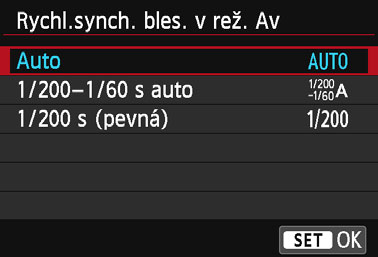 3 Nastavení bleskun [Rychl.synch. bles. v rež. Av] V režimu automatické expozice s předvolbou clony (f) lze nastavit rychlost synchronizace blesku.