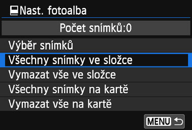 p Určení snímků pro fotoalbum Určení všech snímků ve složce nebo na kartě K použití ve fotoalbech můžete současně určit všechny snímky ve složce nebo na kartě. Pokud je položka [x1: Nast.