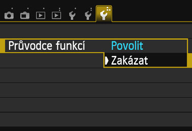 Průvodce funkcí Průvodce funkcí se zobrazí, pokud změníte režim snímání, popř. nastavíte funkci snímání, při snímání s živým náhledem, snímání filmu nebo přehrávání pomocí rychloovladače.