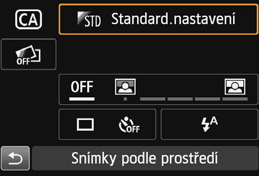 C Kreativní automatické fotografování V režimu <C> můžete před snímáním nastavit následující funkce: (1) Extra snímek s efektem, (2) Snímky podle prostředí, (3) Rozmazané pozadí, (4) Režim