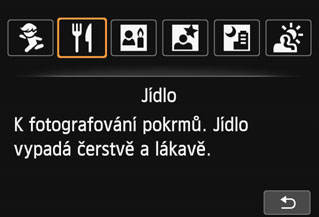 P Fotografování jídla Při fotografování jídla použijte režim <P> (Jídlo). Fotografie budou vypadat jasně a živě a jídlo bude vypadat chutně. Tipy pro fotografování Změňte tón barev.