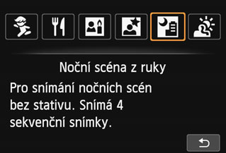 F Fotografování nočních scén (z ruky) Nejlepších výsledků dosáhnete, pokud při fotografování nočních scén použijete stativ.