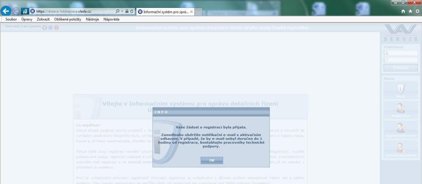 3) po odeslání registračního formuláře se objeví následující obrazovka s