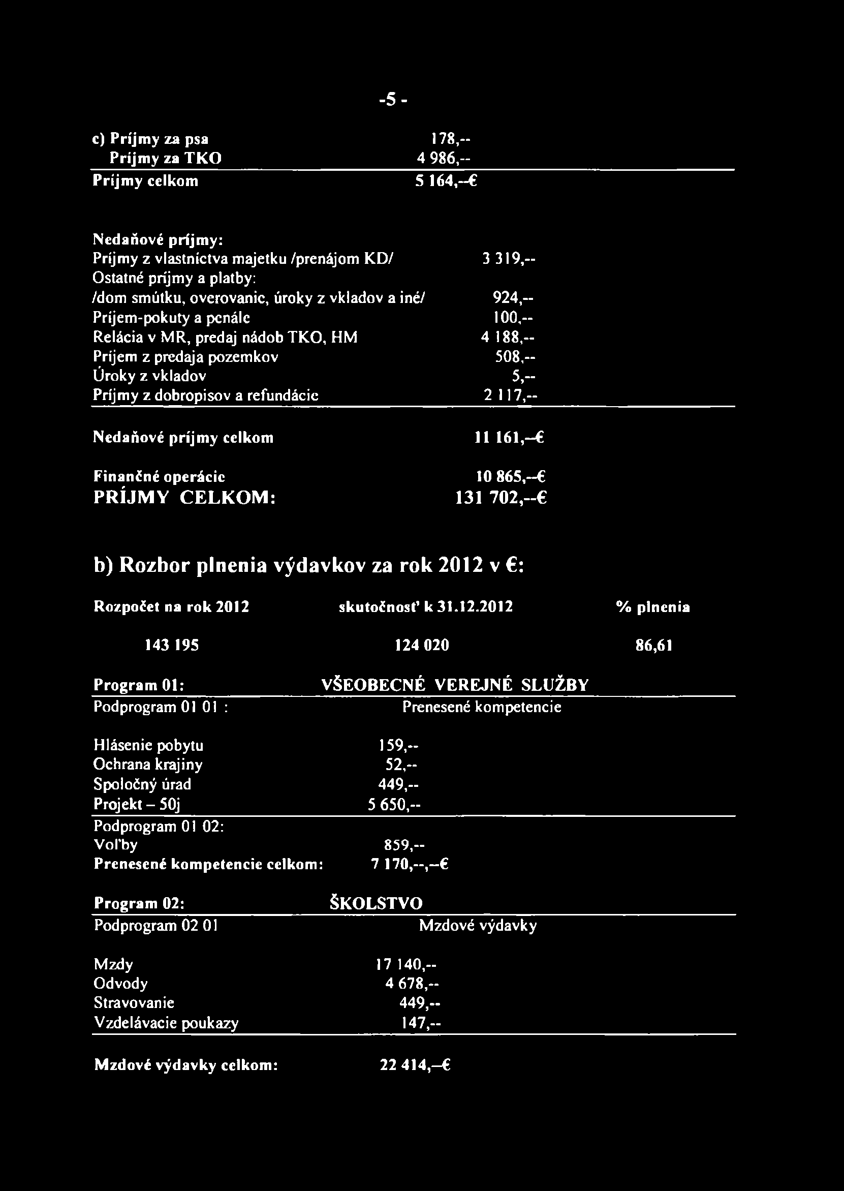 - 5 - c) Príjmy za psa Príjmy za TKO 178,- 4 9 8 6,- Príjmy celkom 5 164, Nedaňové príjmy: Príjmy z vlastníctva majetku /prenájom KD/ 3 319,~ Ostatné príjmy a platby: /dom sm útku, overovanie, úroky