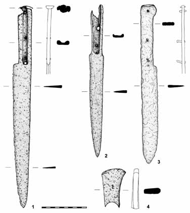 Hrad jako technický problém. Technologie a formy výstavby středověkých opevněných sídel Obr. 3. Tesáky. 1 Jezeřany Maršovice (bez. inv. č.); 2 Templštejn (inv. č. 664); 3 Rakšice (inv. č. 6709); 4 Moravský Krumlov Stavení (bez inv.