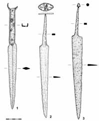 Středověké a raně novověké chladné zbraně ze sbírek Městského muzea v Moravském Krumlově Obr. 4. Dýky. 1 Templštejn (inv. č. 661); 2 Templštejn (inv. č. 662); 3 Templštejn (inv. č. 663). Abb. 4. Dolche.