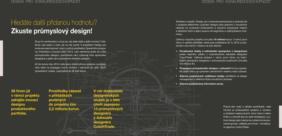 S projektem Design pro konkurenceschopnost, který využívá prostředky Operačního programu Podnikání a inovace 2007 2013, vám otevřeme dveře do světa průmyslového designu, pomůžeme vám vytipovat toho