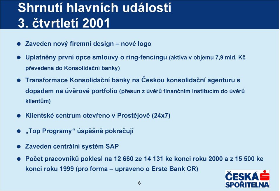 Kč převedena do Konsolidační banky) Transformace Konsolidační banky na Českou konsolidační agenturu s dopadem na úvěrové portfolio (přesun z