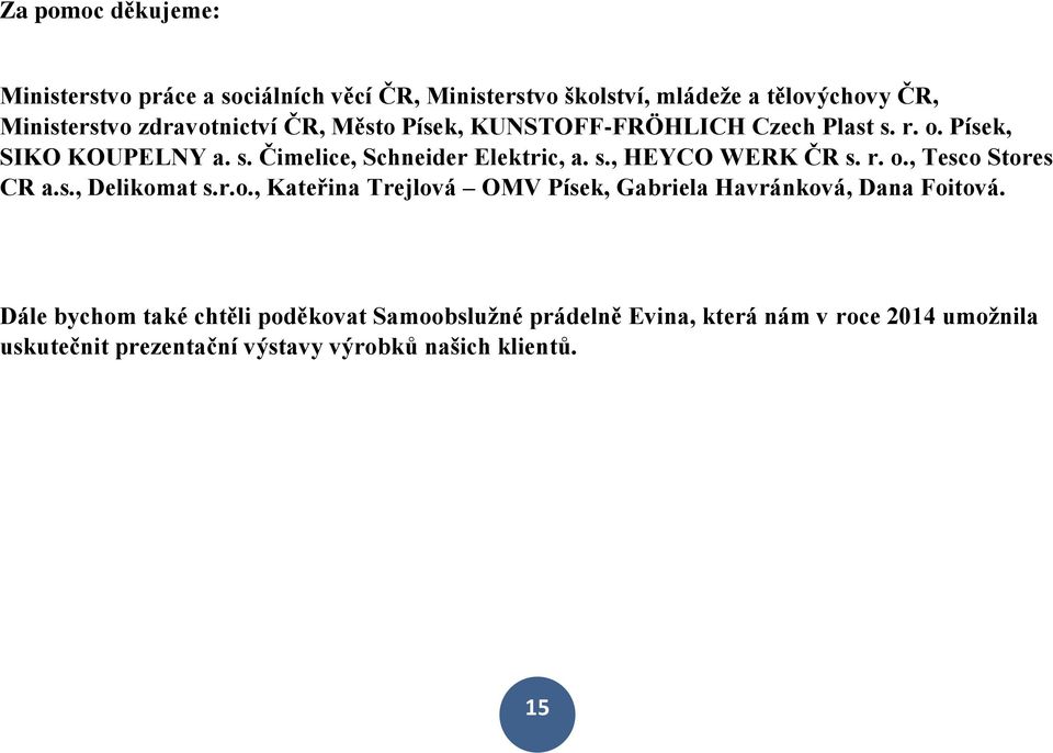 r. o., Tesco Stores CR a.s., Delikomat s.r.o., Kateřina Trejlová OMV Písek, Gabriela Havránková, Dana Foitová.