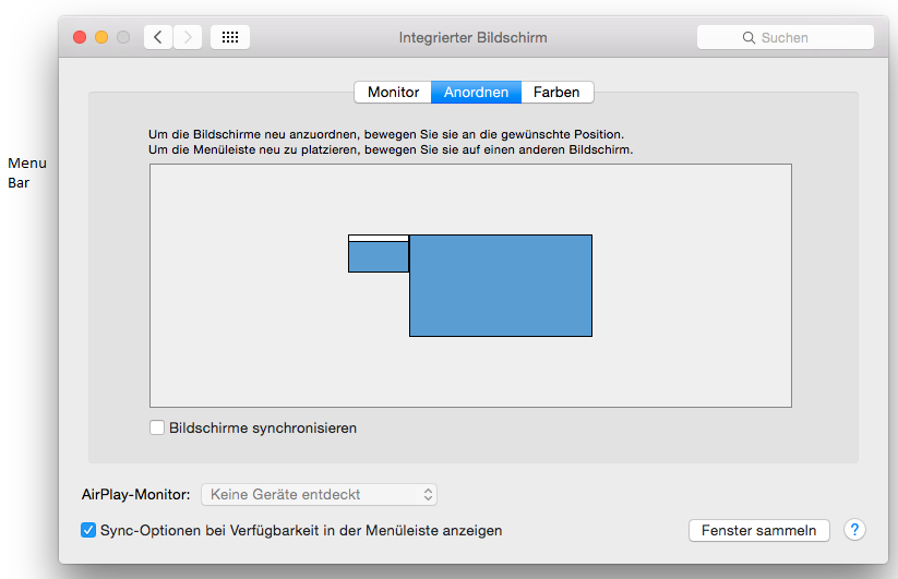 Modus Erweitern : Der Pfeil zeigt die mögliche Position des angeschlossenen Bildschirms zu Mac Bildschirm an.