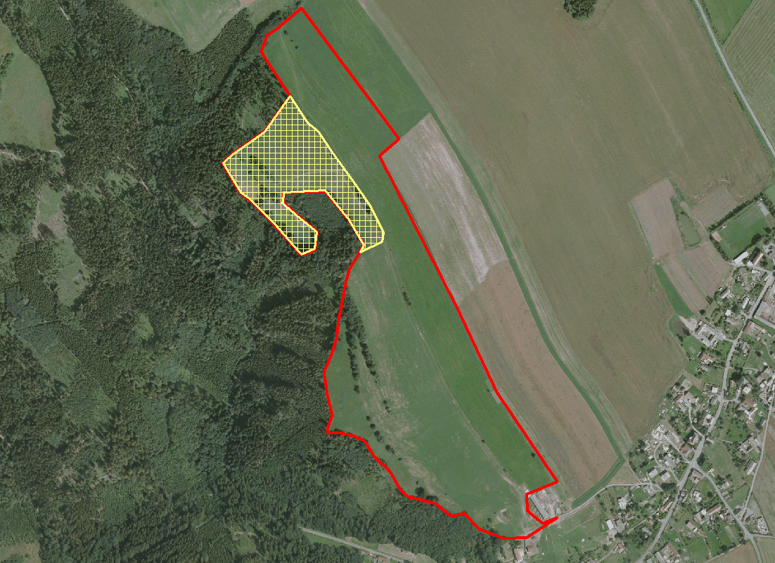 Mapa 2: Orientační zákres studované plochy v Heřmanicích u Oder (červená linie).