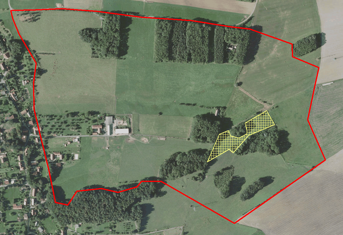 Mapa 1: Orientační zákres studované plochy v Kateřinicích (červená linie).