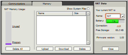 3.3.12 Správa souborů a paměti NXT kostky Občas je zapotřebí spravovat soubory a paměť NXT kostky. Můžete to udělat ze záložku Memory z okna NXT (Obr. 3.