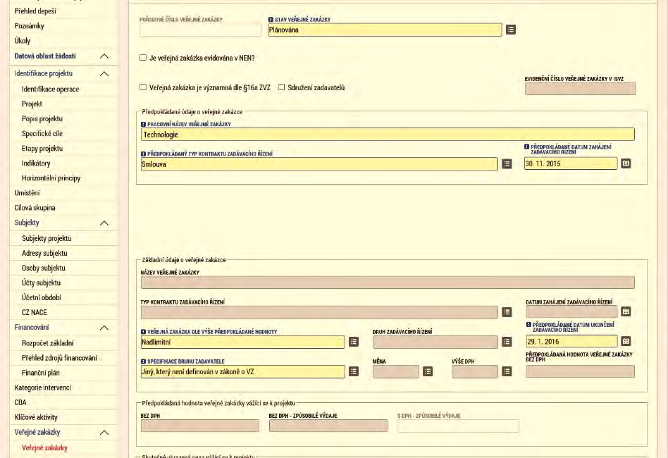 Veřejné zakázky Na projektu musí být založena min. jedna zakázka ve stavu plánováno. Každý záznam se provede přes tlačítko Nový záznam, vyplní se všechna editovatelná pole a nakonec se vše uloží.