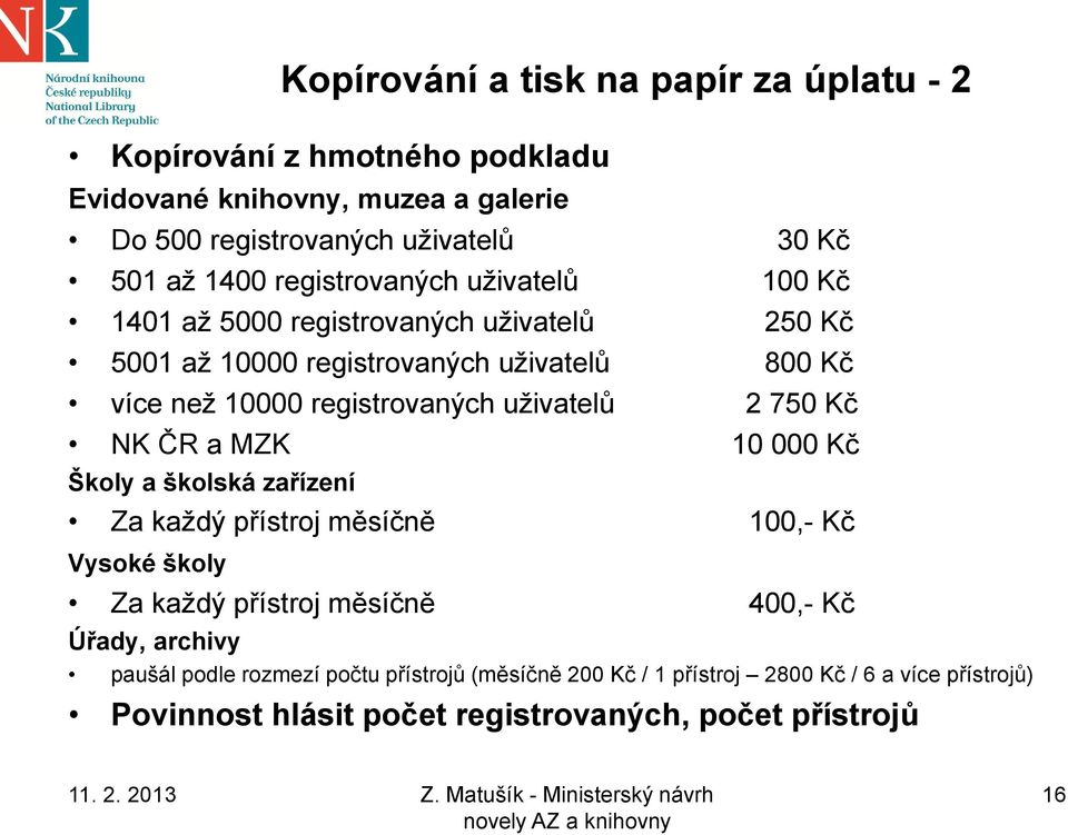 registrovaných uživatelů 2 750 Kč NK ČR a MZK 10 000 Kč Školy a školská zařízení Za každý přístroj měsíčně 100,- Kč Vysoké školy Za každý přístroj měsíčně