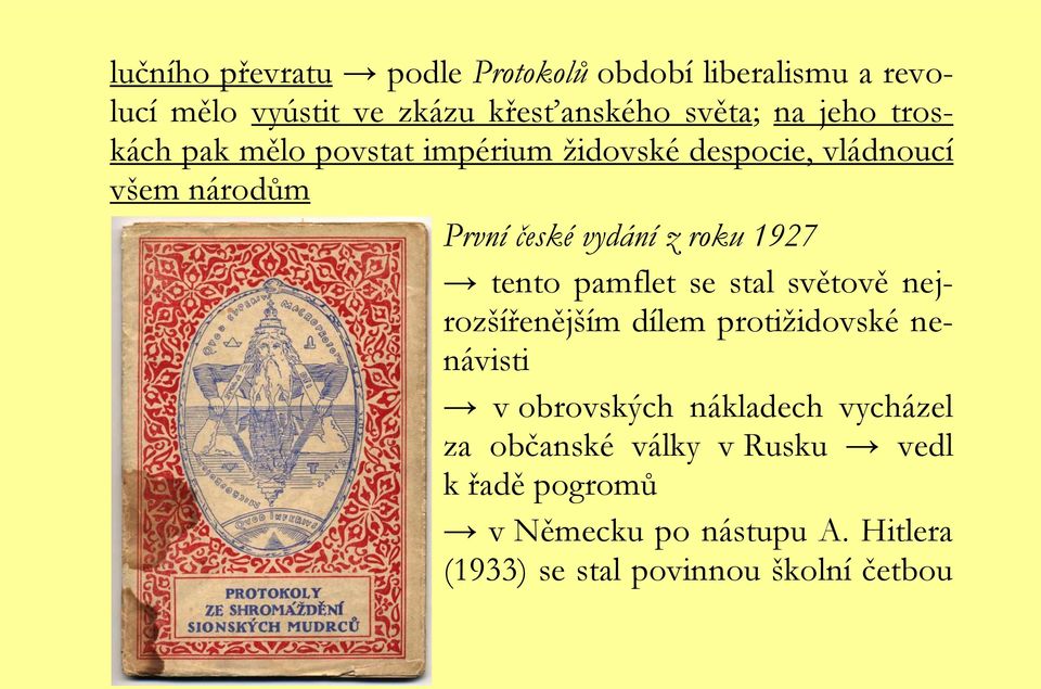 1927 tento pamflet se stal světově nejrozšířenějším dílem protiţidovské nenávisti v obrovských nákladech