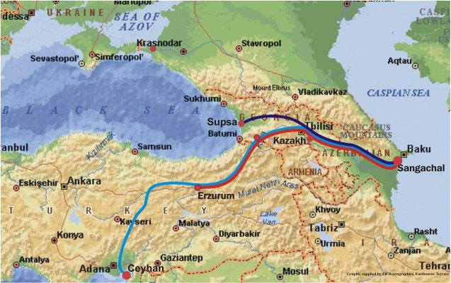 Příloha 4: Trasa ropovodu BTC (Baku-Tbilisi-Ceyhan) vyznačeno červeně a
