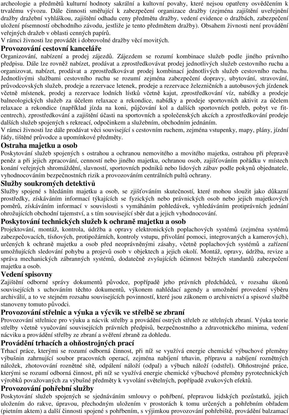 písemností obchodního závodu, jestliže je tento předmětem dražby). Obsahem živnosti není provádění veřejných dražeb v oblasti cenných papírů.