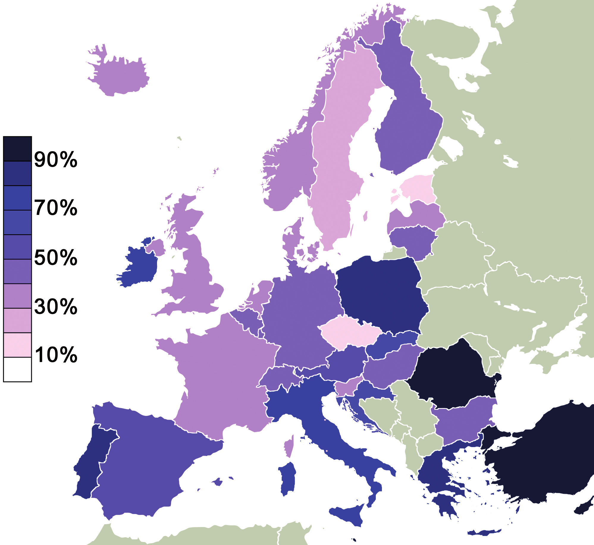 Obr. 3 Evropské země podle zastoupení obyvatel věřících v