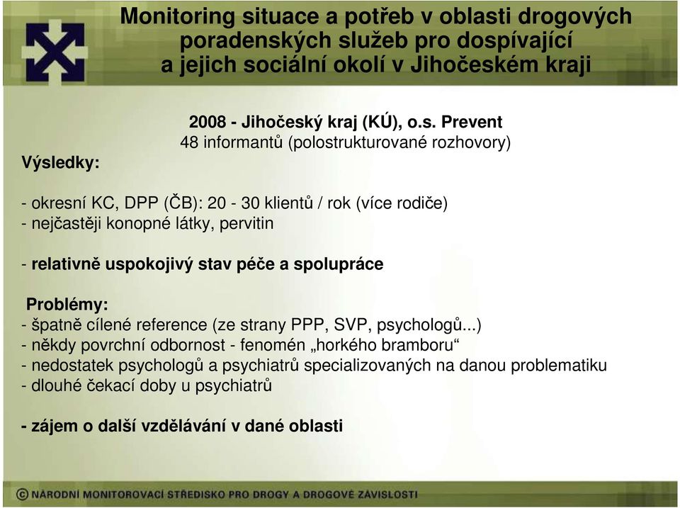 Prevent 48 informantů (polostrukturované rozhovory) - okresní KC, DPP (ČB): 20-30 klientů / rok (více rodiče) - nejčastěji konopné látky, pervitin - relativně